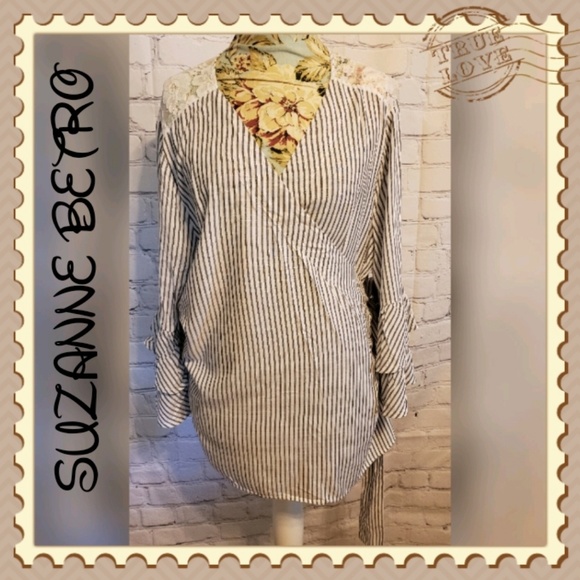 Suzanne Betro Tops - Suzanne Betro Crossover Tie Striped Top